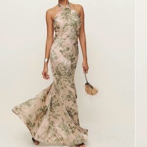 Reformation Veria Silk Nude Green Floral Halter Maxi Dress